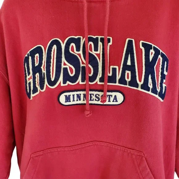 Cross Lake Minnesota Red Fleece Hoodie Sweatshirt Large Kangaroo Pocket - Picture 4 of 6